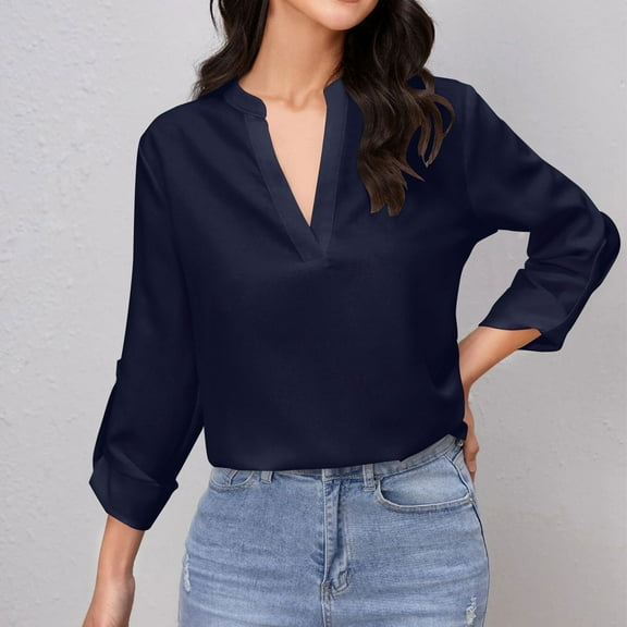Blmnix V-Neck Preschool Teacher Shirts Dark Blue Buttery Soft Women Tops Dressy Casual Workwear Long Sleeve Tops