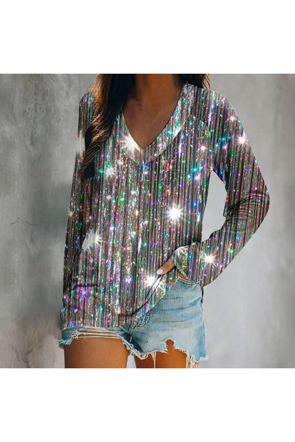 V-Neck Trendy Tops for Women Fashion Sparkly Shirts Novelty Long Sleeve Womens T-Shirts