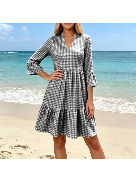 Vacation Dress Dress Women Gingham Dress Peplum A Line Dresses Petticoat Mid-Length Black 3/4 Sleeve V-Neck Adaptable Summer Dress for Women L