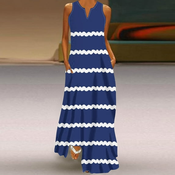 Blmnix Vacation Dress Women's Dresses Maxi Dress Fit & Flare Under Dresses V-Neck Sleeveless Long Blue Antimicrobial Protection Women Spring Dresses,M