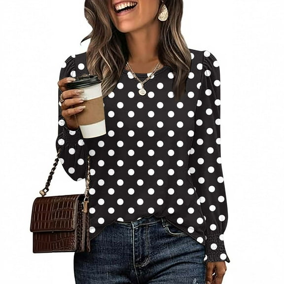 Blmnix Vacation Fashion Loose Tshirts for Women Black Relaxed Polka Dot Graphic Tees Vintage Crew Neck Long Sleeve Blouses