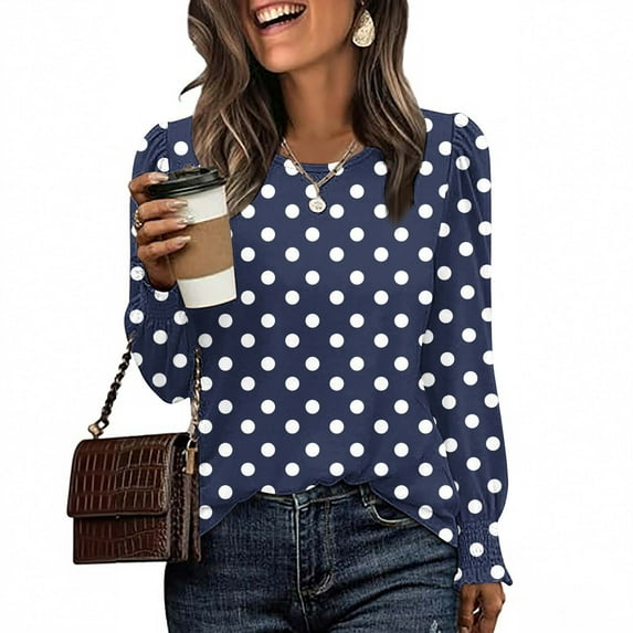 Blmnix Vacation Womens Dressy Tops and Blouses Navy Polka Dot Relaxed Women Blouses for Work Crew Neck Long Sleeve Blouses