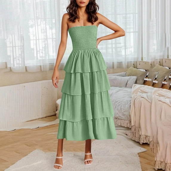 Blmnix Valentine Dresses for Girls Pleated Tube Tent Under Dresses Cocktail-Length Boat Neck Green Sleeveless New Years Eve Dress Women,XL