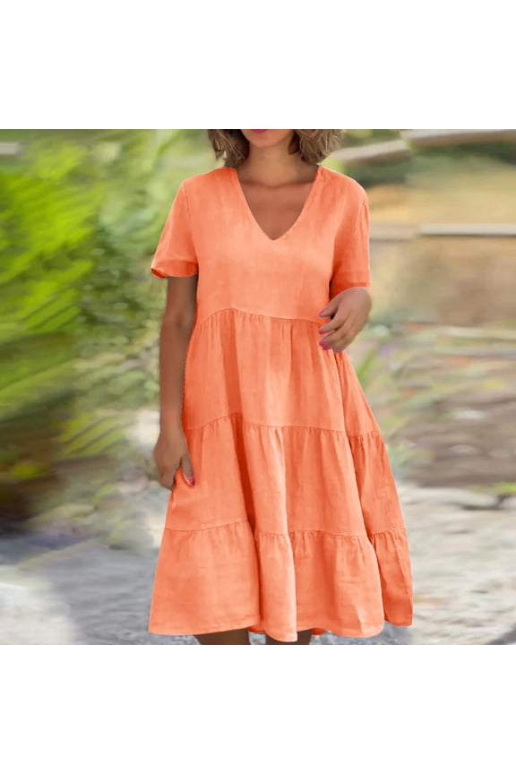 Valentine Dresses for Women 2026 Casual Dresses Plus Size Fit & Flare Dress V-Neck Orange Short Sleeve Vacation Dress,L