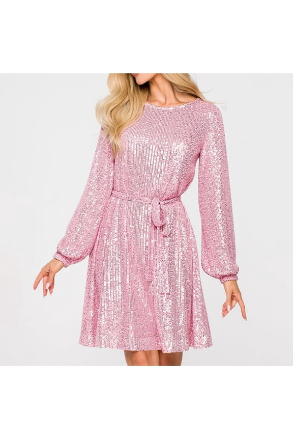 Valentine Dresses for Women 2026 Cocktail Plus Size Sequin Skirts Crew Neck Long Sleeve Pink New Years Eve Dress Women,XXXL