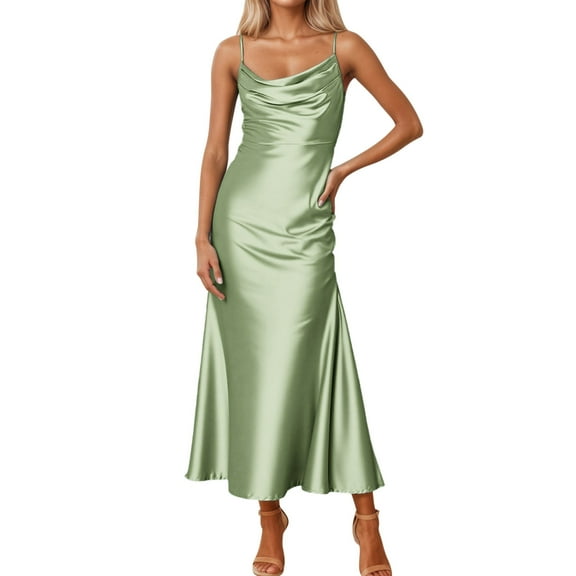 Blmnix Valentine Dresses for Women 2026 Satin Long Slip Dress Sexy Nightgown Green Sleeveless Square Neckline Spring Dress,XL