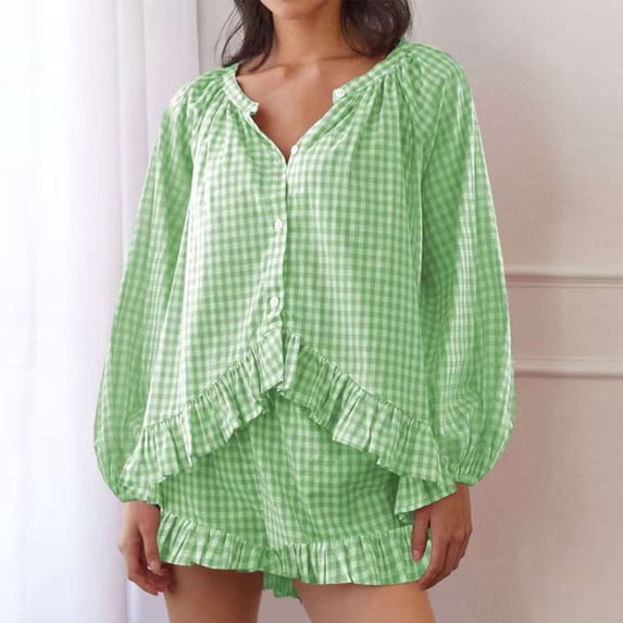 Blmnix Valentines Pjs Women Petite Pajamas Sleepwear Sets Button Up Pants Long Sleeve Henley Green Short Womens Pajamas Set,S