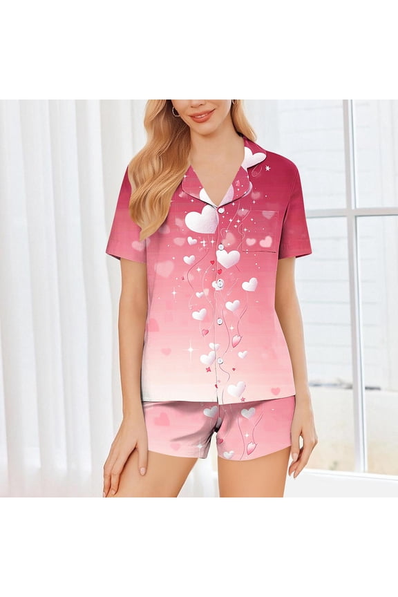 Valentines Valentine Pjs Women Silk Pajamas Sleepwear Sets Pjs Short Collared Pink Short Sleeve Straight-Leg Pajama Set Women,L