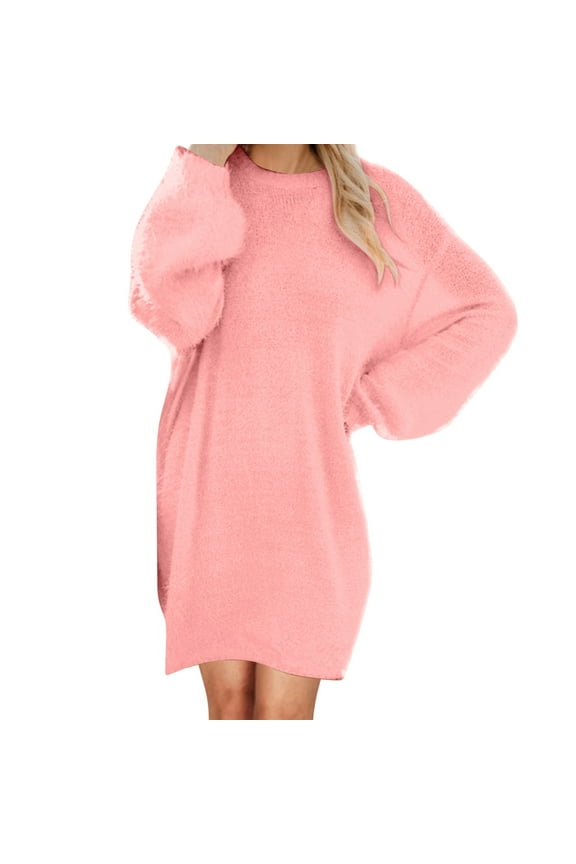 Velvet Valentine Party Dresses for Women Mini Plus Size Sweater Petticoat Crew Neck Long Sleeve Pink Winter Dress,M