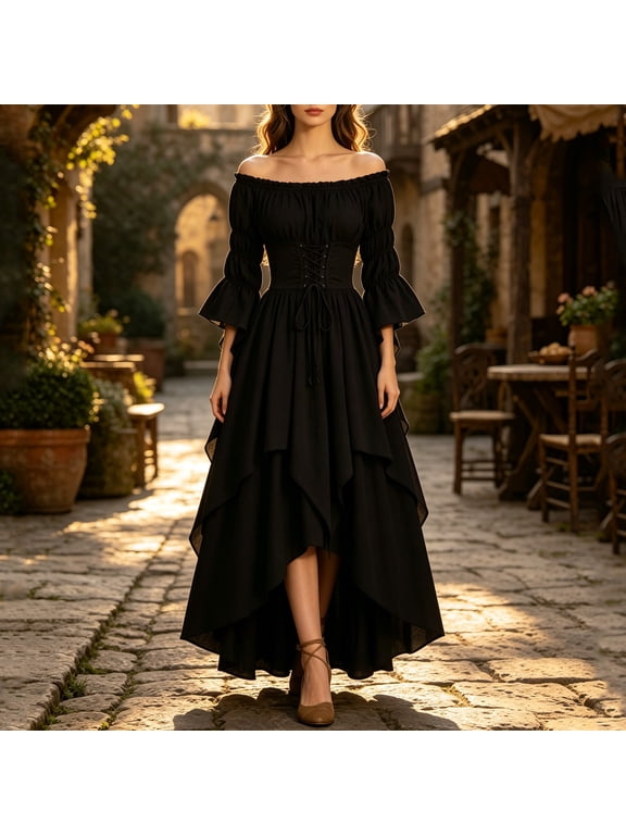 Vintage Dress Womens Dress High-Low Off The Shoulder Corset Dress Dress Boat Neck Black 3/4 Sleeve Maxi Adjustable Waist Summer Dresses L
