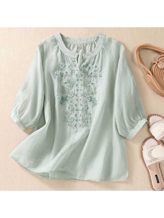 Vintage Women Tops Pullover Oversized Linen Shirts Green Henley Elbow-Length Womens Summer Shirts Under $5,M