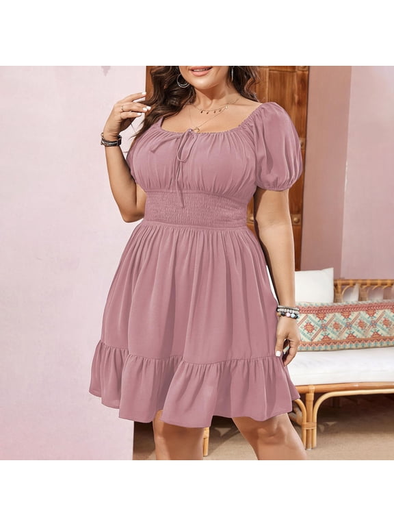 Waisted Summer Dresses for Women Tent Plus Size Dress Cocktail-Length Pink Square Neckline Short Sleeve Mini Dress,XL