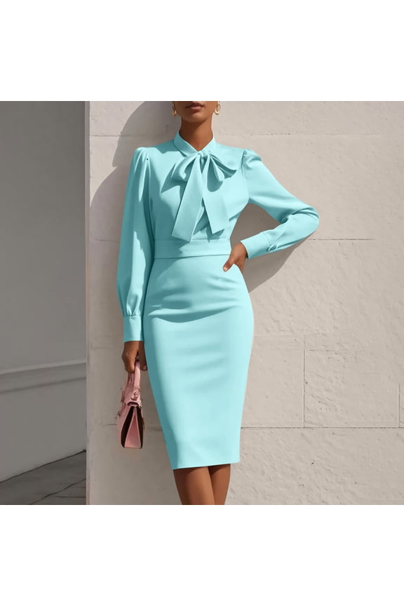 Waisted Sweater Dresses for Women 2026 Satin Bodycon Skirt Blue Tie Neck Long Sleeve Girls Dress,S
