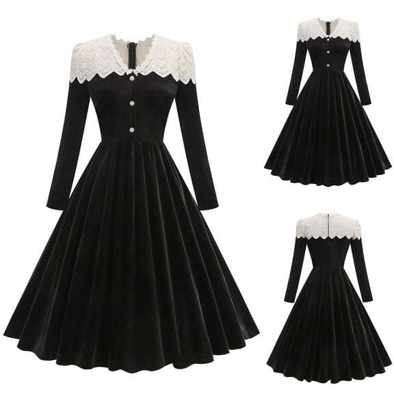 Blmnix Waisted Valentine Dresses for Women 2026 A-Line Button Under Dress V-Neck Black Long Sleeve Sweater Dress for Women,M