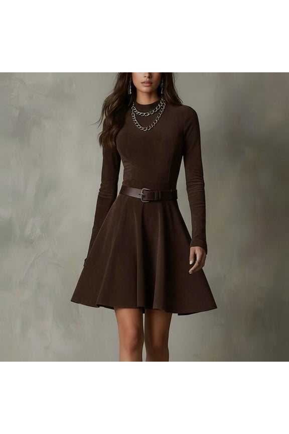 Waisted Valentine Party Dresses for Women Fit & Flare Leather Dresses Brown Crew Neck Long Sleeve Wedding Guest Dress,S