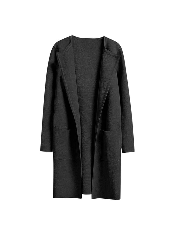 Warm Jacket Travel Black Duster Open Front Plus Size Blouses Long Sleeve Mid-Length Tops