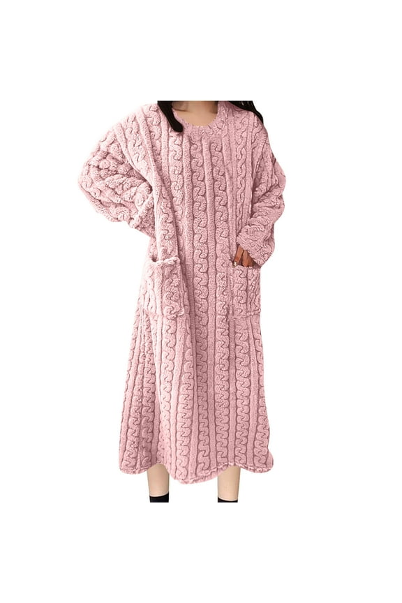 Warm Womens Nightgown Moomoo Flannel Long Sleeve Fleece Nightshirt V-Neck Pink Oversized Sleep Dress