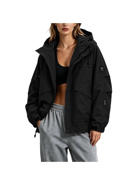 Waterproof Womens Jacket Windbreaker Zip Up Workout Hiking Jacket Women Coats Mid-Length with Hood Black Long Sleeve Winter Jackets for Women