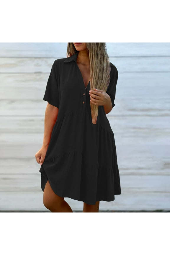 Wedding Guest Dress Button Down Plus Size Polo Under Dress Cowl Neck Elbow-Length Black Sweater Dress for Women,M