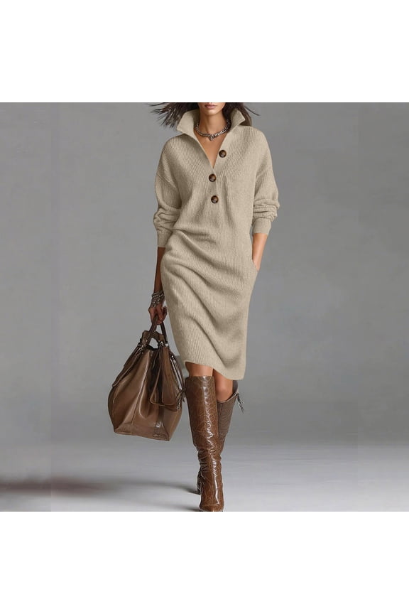 Wedding Guest Dresses for Women Knit Button Sweater Skirt Yellow Mock Neck Long Sleeve Empire Waist Dress for Women,L