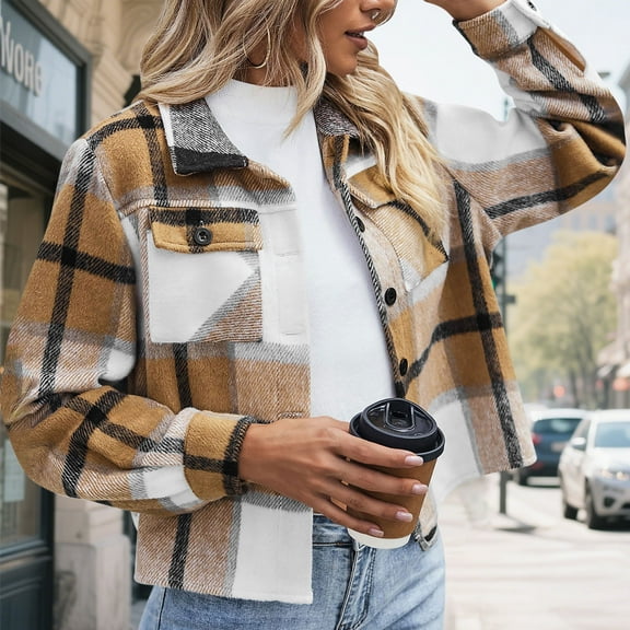 Blmnix Western Plaid Jackets Khaki Basics Basic Bomber Fall Blouses for Women Cropped Crop Tops