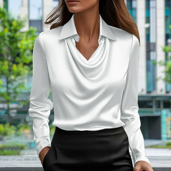 Blmnix White Dressy Blouses Oversized Long Sleeve Slim Satin Women's Business Casual Blouses Cowl Neck Blouse
