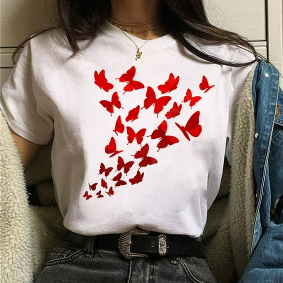 Blmnix White Fashion Womens T-Shirts Cute Short Sleeve Butterfly Shirt Loose Crew Neck Pullover T-Shirts for Girl Going Out