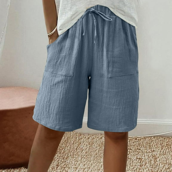 Blmnix Womens Shorts Casual Flowy Bermuda Blue High Waisted Polyester with Pockets Comfy Shorts for Women,L