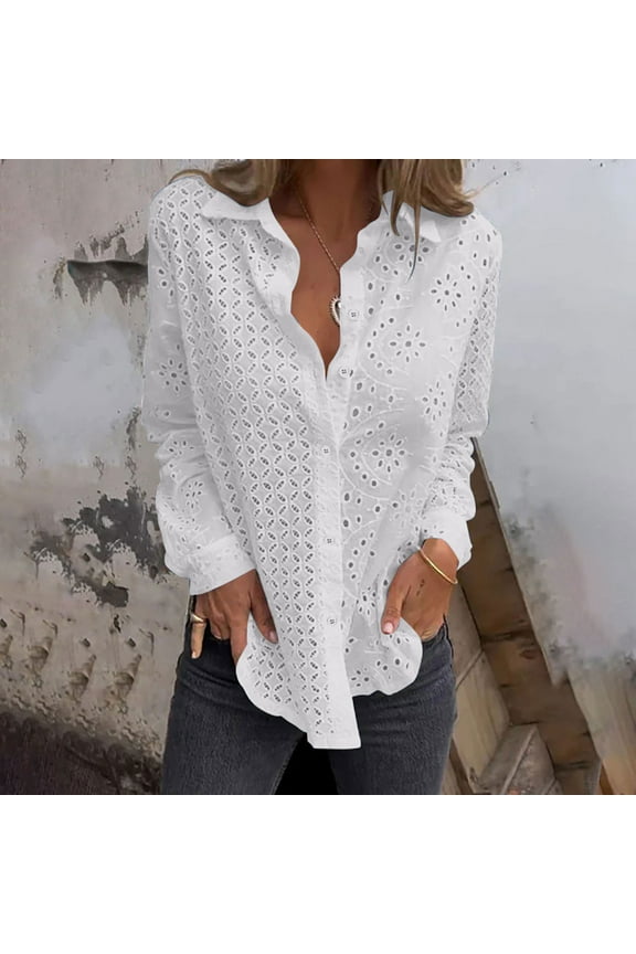 Blmnix White Tops for Women Long Sleeve Summer Simple Solid Casual Eyelet Blouse Tops for Teen Fall
