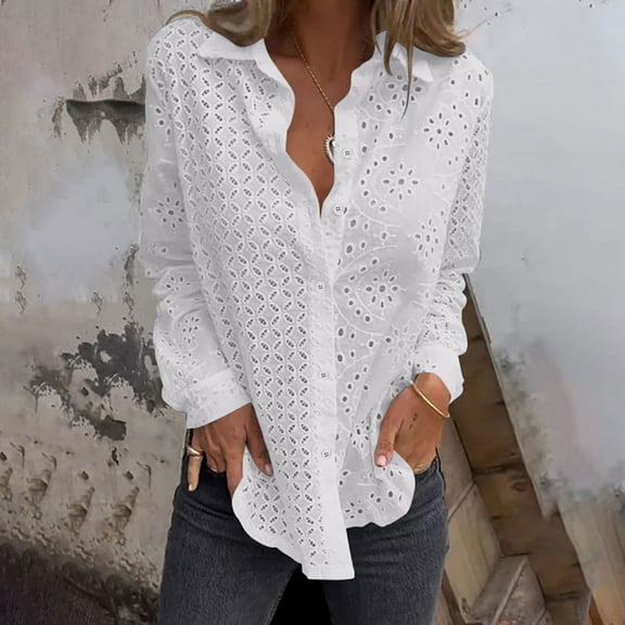 Blmnix White Tops for Women Long Sleeve Summer Simple Solid Casual Eyelet Blouse Tops for Teen Fall