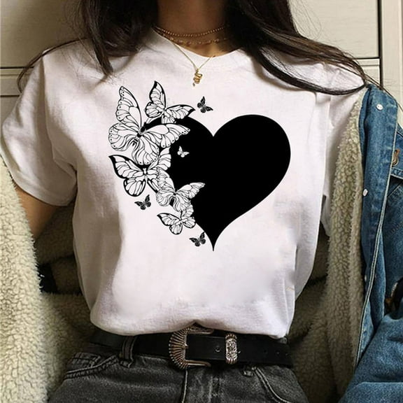 Blmnix White Trendy T-Shirts for Women Cute Butterfly Shirt Crew Neck Loose Short Sleeve Pullover Girls T-Shirts Dressy