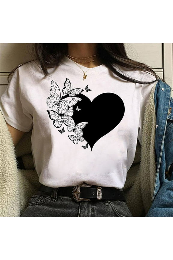 Blmnix White Trendy T-Shirts for Women Cute Butterfly Shirt Crew Neck Loose Short Sleeve Pullover Girls T-Shirts Dressy