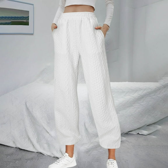 Blmnix White Women's Hiking Pants Waffle Knit Slacks Lounge Pants Women Pants Wide-Leg Palazzo High Waist Ankle Length Trousers