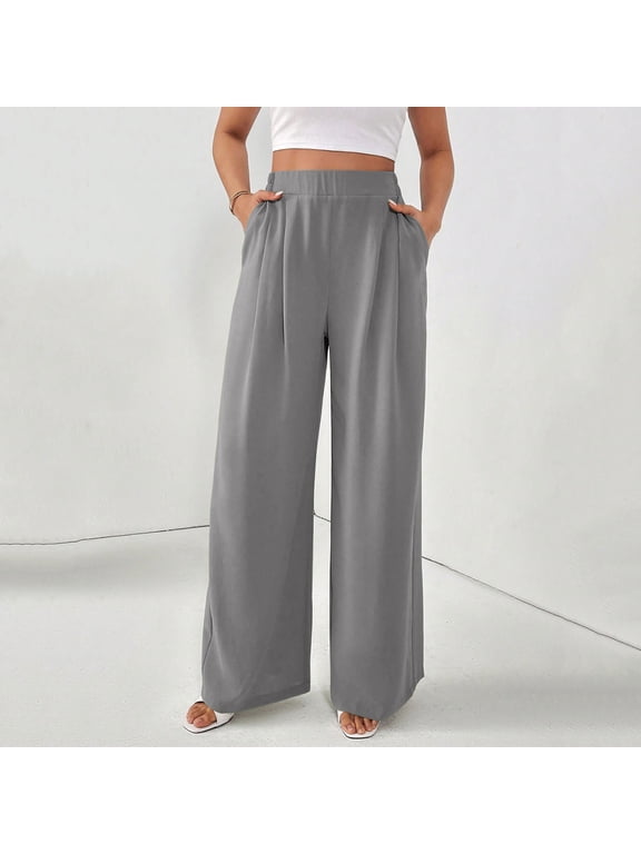 Wide Leg Dress Pants for Women Petite Pants Pleated Dress Pants Trousers Gray Flare-Leg Long High Dressy Pants for Women,M