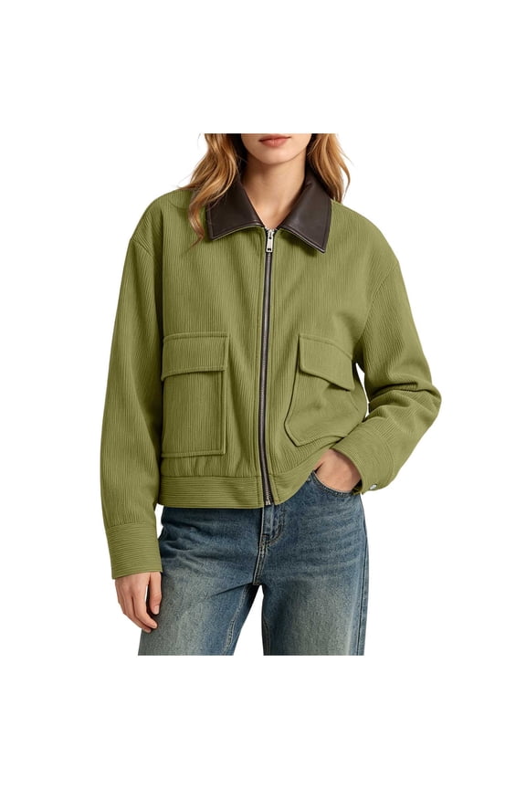 Wind Breaker Jacket Womens Jacket for Women Trucker Zip Up Fleece with Pocket Coat Green Cocoon Long Sleeve Mid-Length Winter Coat