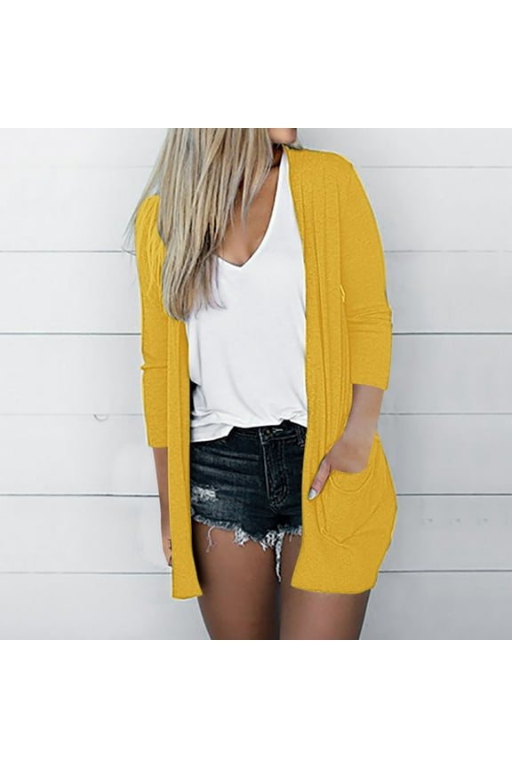 Blmnix Winter Jackets for Women Yellow Cardigan Solid Long Sleeve Lightweight Long Open Front Jackets for Woman Trendy