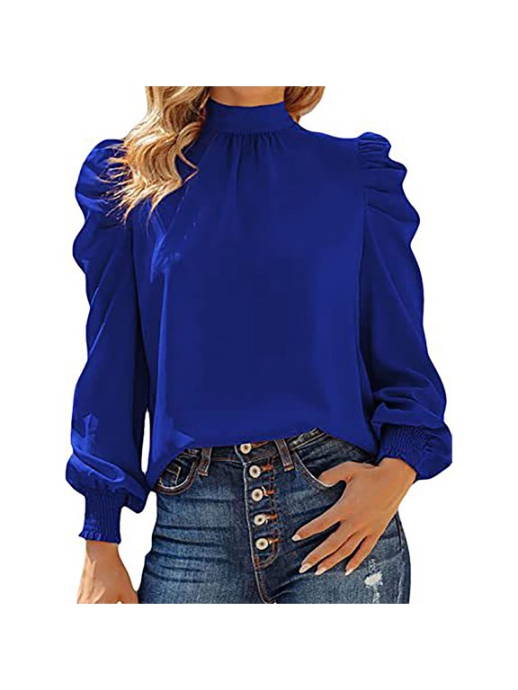 Blmnix Winter Womens Tops Blue Long Sleeve Silk Casual Solid Puff Sleeve Blouse Girls Blouses Elastic