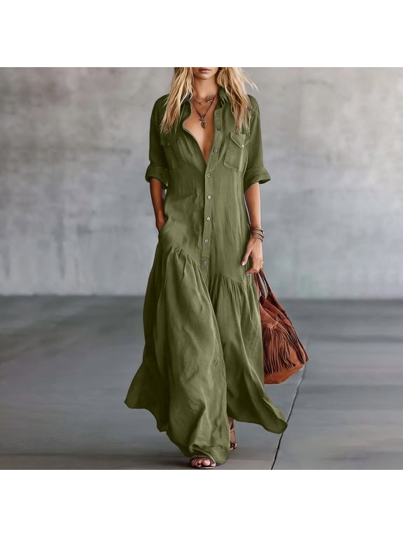 Woman Dress Fit & Flare Long Dresses Button Down Flowy Dress Dresses Maxi Green Collared 3/4 Sleeve Exterior Pocket Womens Dresses Summer L