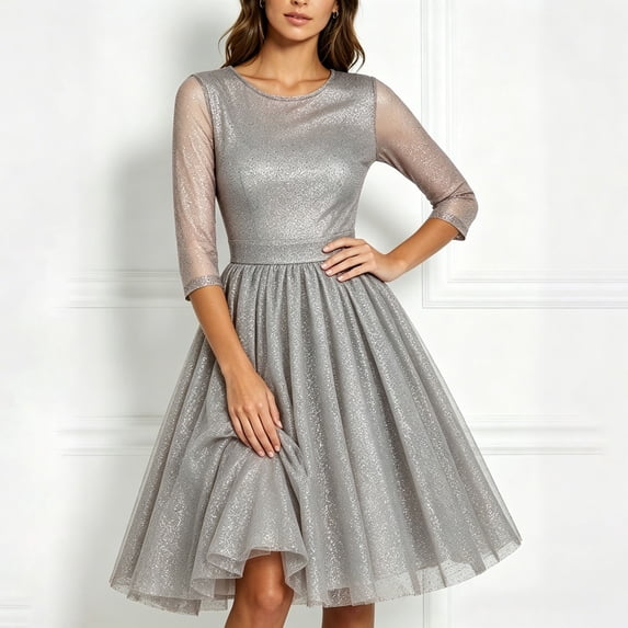 Blmnix Woman Dress Party Dresses Cocktail Sparkly Dress A Line Dresses Petticoat 3/4 Sleeve Crew Neck Gray Mid-Length Adjustable Waist Casual Dresses L