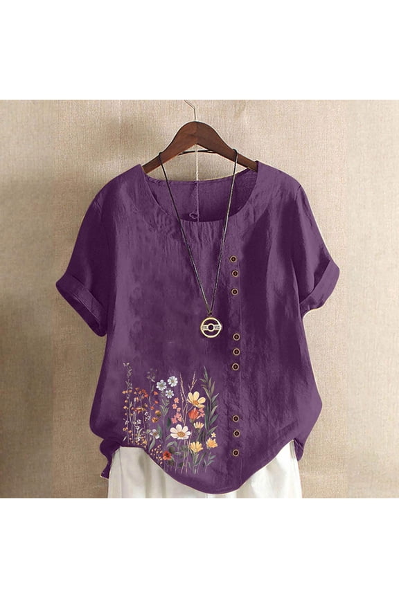 Women Blouse Linen Pullover Button Down Plus Size T-Shirts Short Sleeve Purple Crew Neck Womens Summer Tops Under $5,XXL