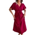 thumbnail image 1 of Blmnix Women Dress Fit & Flare Semi Formal Satin Dress Cocktail Dresses Dress Short Sleeve V-Neck Cocktail-Length Red Belted Casual Dress L, 1 of 7