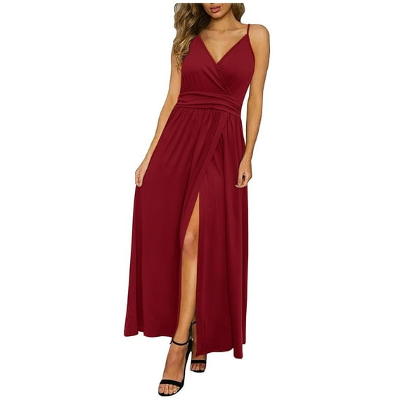 Blmnix Women Dresses Casual Long Ruched Fashion Sheath V-Neck Side Split Sleeveless Dresses