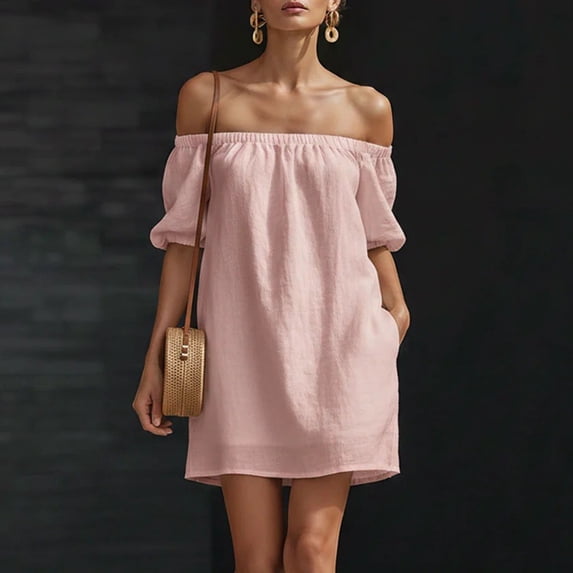 Blmnix Women Dresses Linen Dress Shift Off the Shoulder Petticoat Boat Neck Short Sleeve Mini with Pockets Summer Dress for Women,L