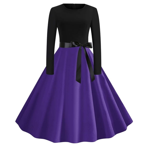 Blmnix Women Dresses Vintage Dress Tent Prom Dresses Under Dresses Purple Long Sleeve Cocktail-Length Crew Neck Belted Plus Size Summer Dresses,S