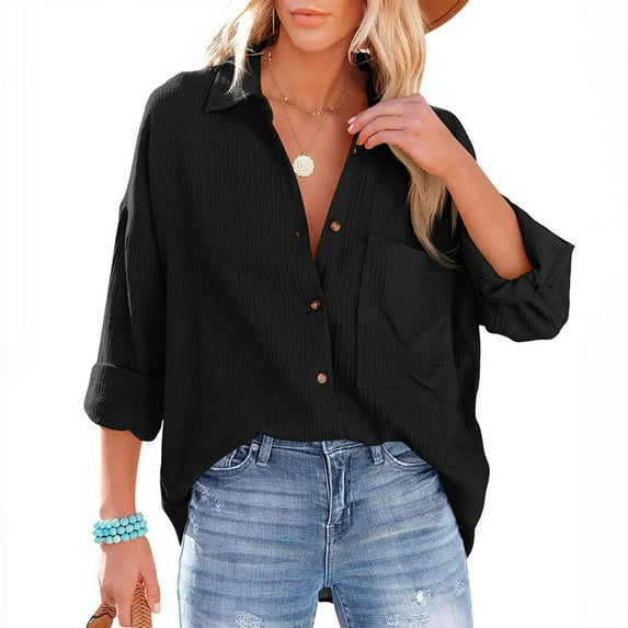 Blmnix Women Fall Tops Baggy Roll Up Womens Boho Tops V-Neck Long Sleeve Blouses