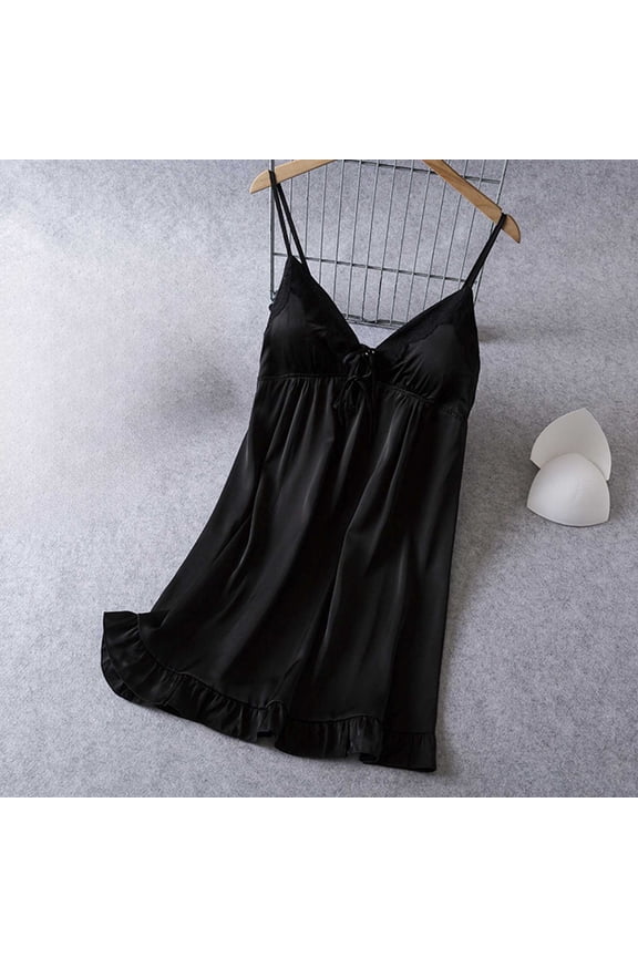Women Nightgown Sexy Nightgown Chemises with Built in Bra Sleep Dress Above-the-Knee V-Neck Sleeveless Black Womens Summer Nightgowns