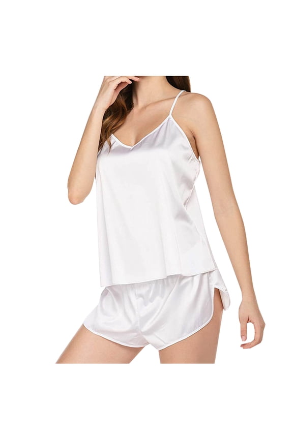 Women Pajama Sets Petite Pajamas Sexy Pajama Sleepwear Sets Pjs White V-Neck Sleeveless Short Sleepwear for Women,M