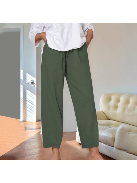 Women Pants Cotton Pants Pleated Plus Size Sweatpants Green Cropped High Straight-Leg Tall Sweatpants for Women,L