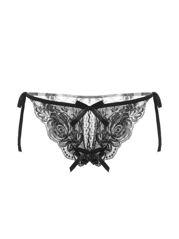 Women Underwear Lace Thong Crotchless Panties Thong Underwear Ventilated Tight String Black Bow Plus Size Underwear for Women,Free Size