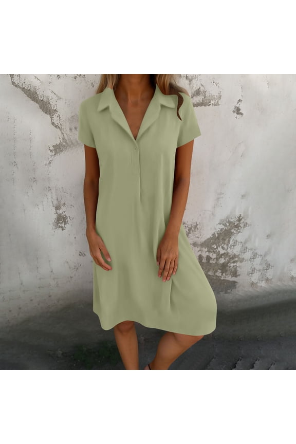 Women dresses Cocktail-Length Polo Plus Size Cotton Linen Dress Short Sleeve Cowl Neck Green Sweater Dress,M